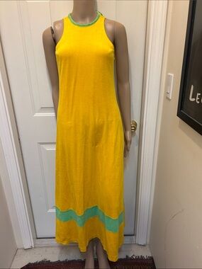 VTG 70s Sunshine Yellow Velour Midi Sleeveless Halter Dress Green Trim Beach